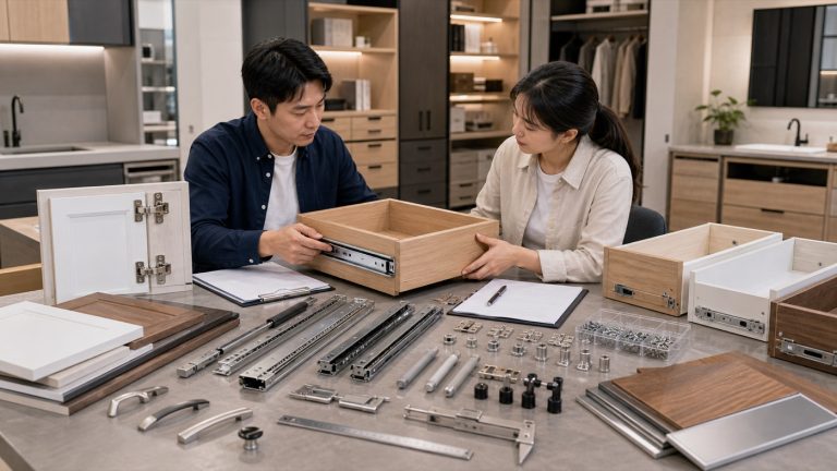 Furniture sourcing professionals reviewing drawer boxes, cabinet doors, drawer slides, hinges, handles, screws, and hardware samples in a cabinet furniture showroom