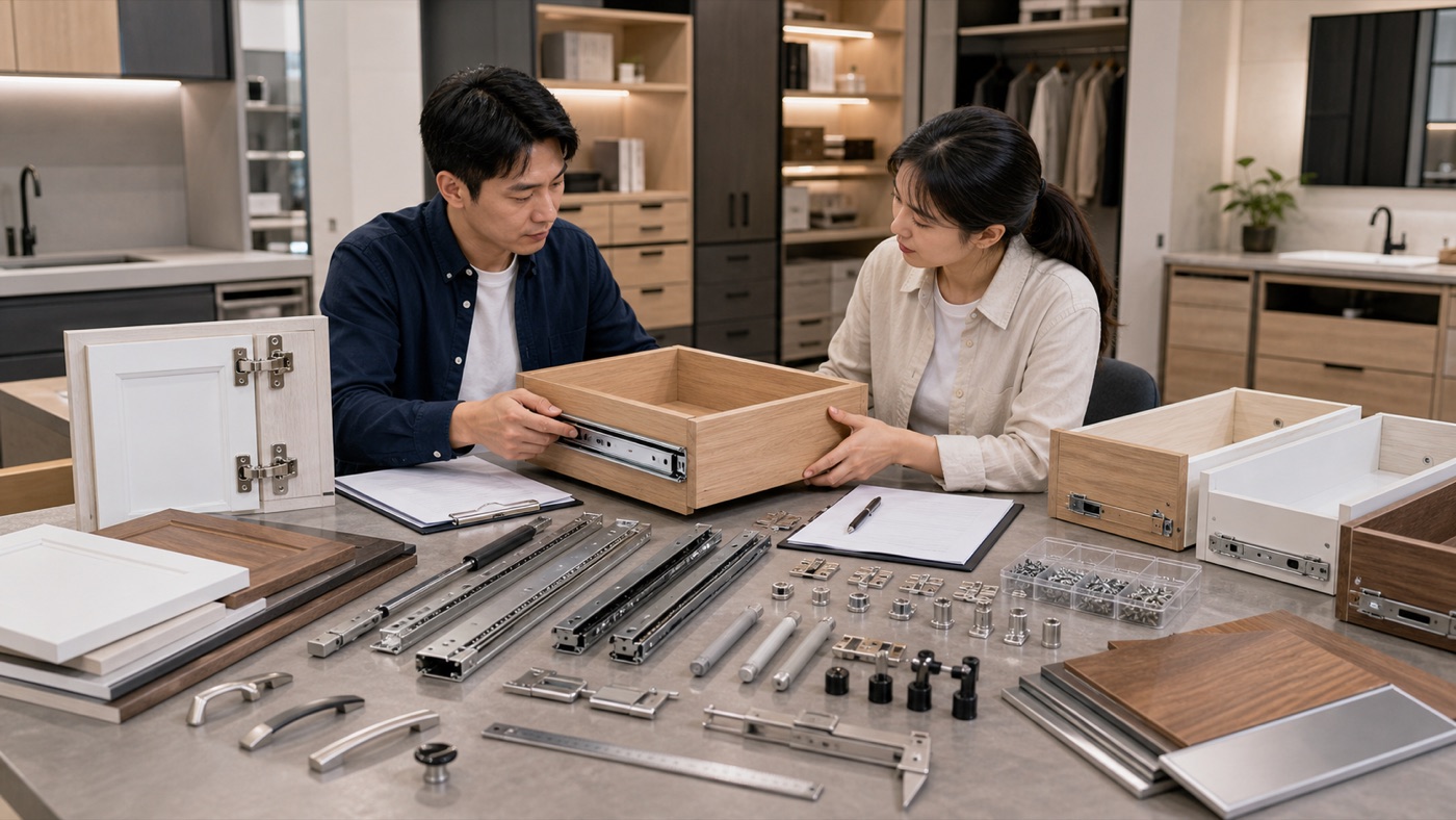 Furniture sourcing professionals reviewing drawer boxes, cabinet doors, drawer slides, hinges, handles, screws, and hardware samples in a cabinet furniture showroom
