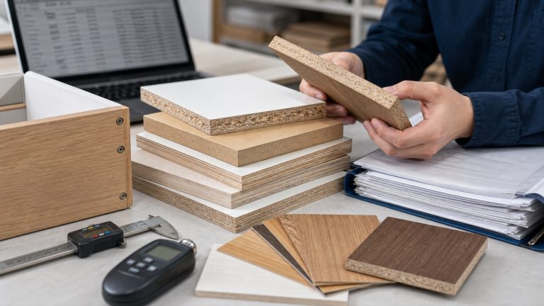 Composite wood material samples being inspected for furniture compliance