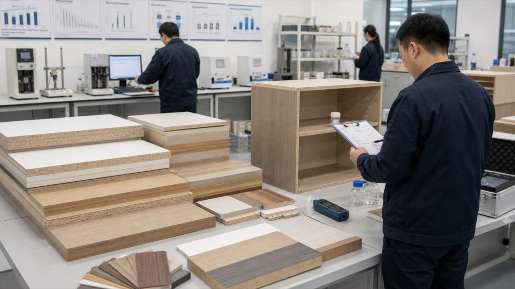 Composite wood panels and furniture parts being checked in a quality lab