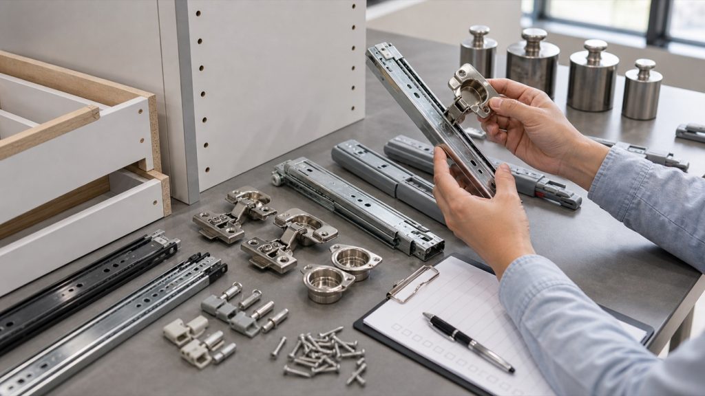 Drawer slides, concealed hinges, hinge cups, screws, cabinet side panels, and inspection tools being reviewed on a furniture quality-control bench