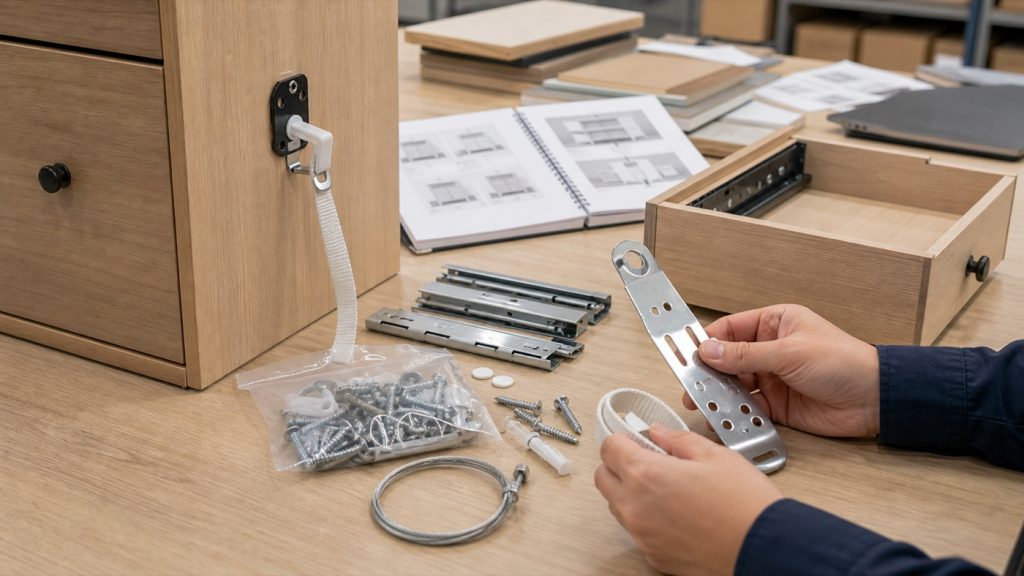 Anti-tip hardware and drawer components being reviewed for a storage furniture program