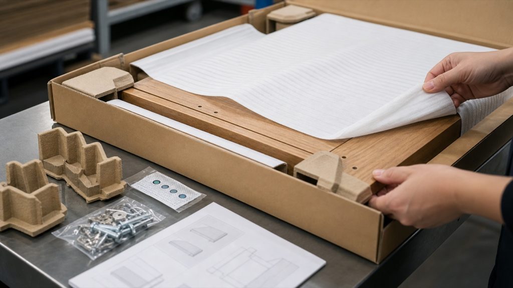 Furniture packaging materials and assembly parts being inspected
