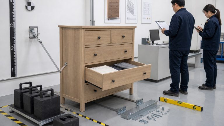 Furniture stability testing setup for a bedroom dresser