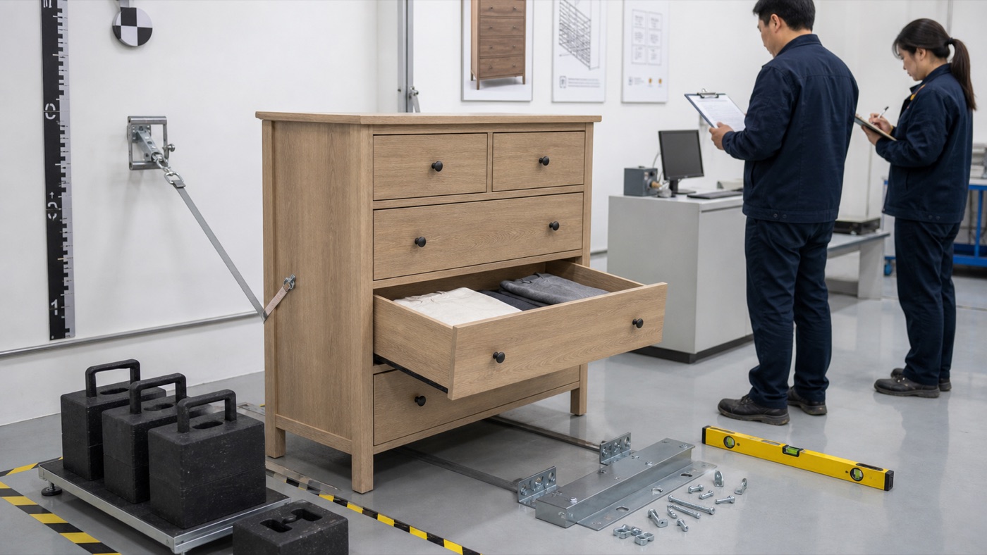 Bedroom dresser stability testing setup with open drawer, test weights, and inspectors in a furniture lab