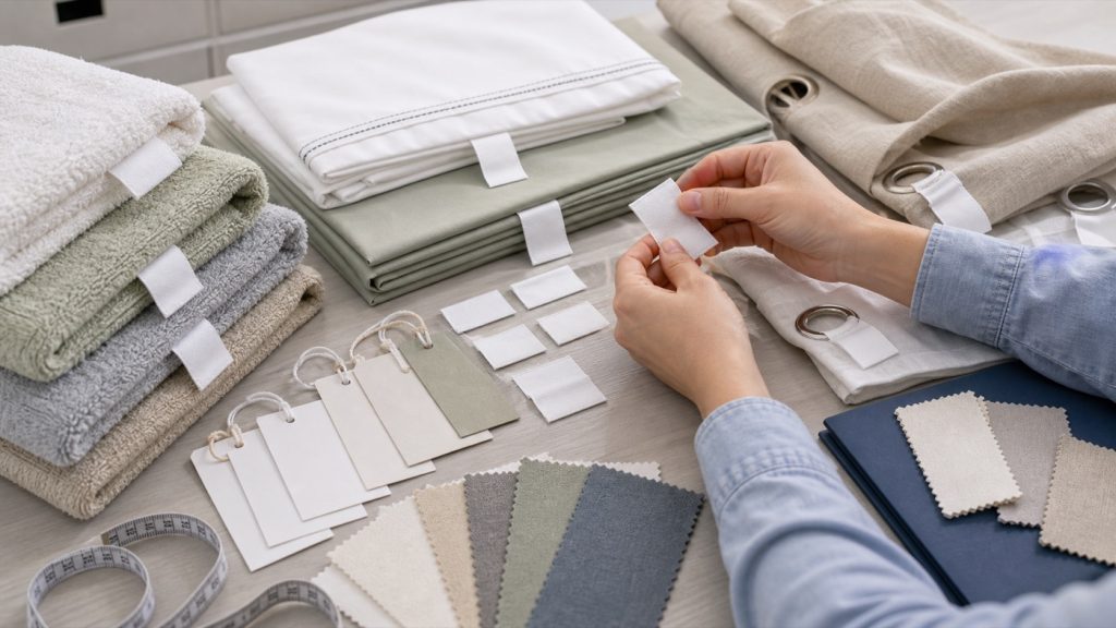 Home textile swatches and blank sewn labels being reviewed before shipment