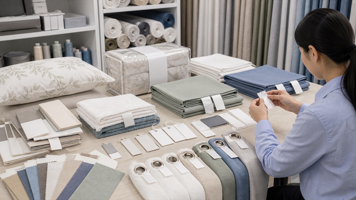 Home textile products with blank sewn labels being reviewed in a quality control sample room