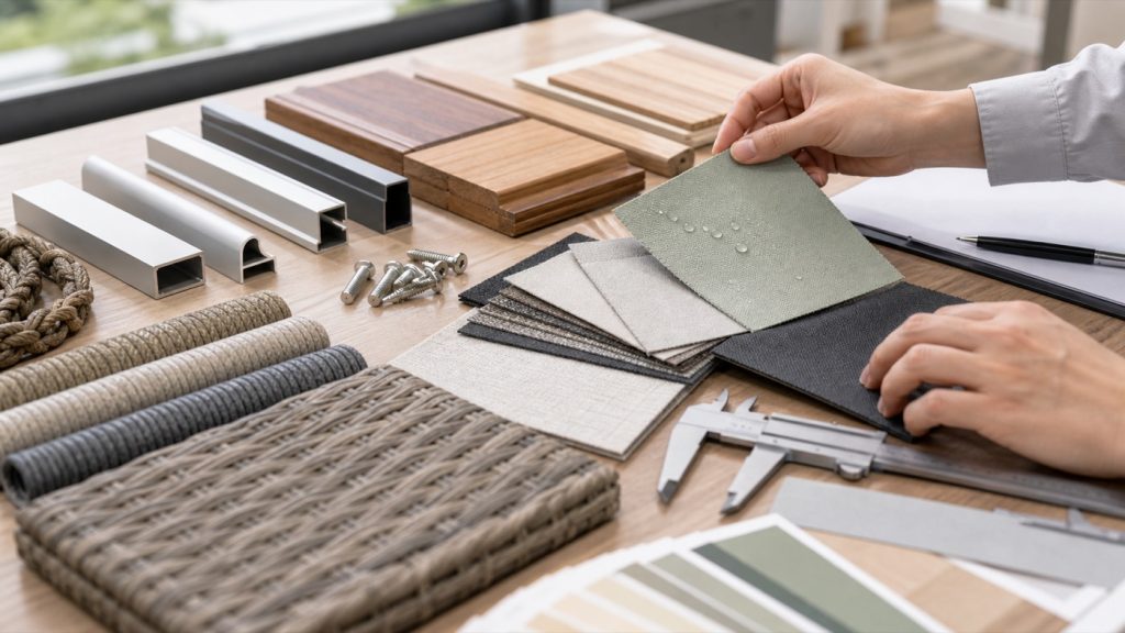 Outdoor furniture material samples including aluminum profiles, rope, wicker, wood pieces, fabric swatches, hardware, and inspection tools
