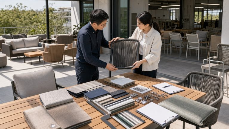 Outdoor furniture sourcing team reviewing rope chairs, cushion fabrics, metal profiles, and hardware samples in a patio showroom