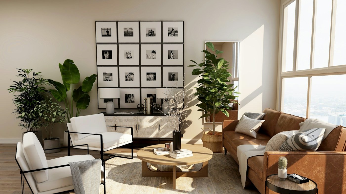 Sunlit modern living room arranged with sofa, chairs, coffee table, plants, and coordinated decor