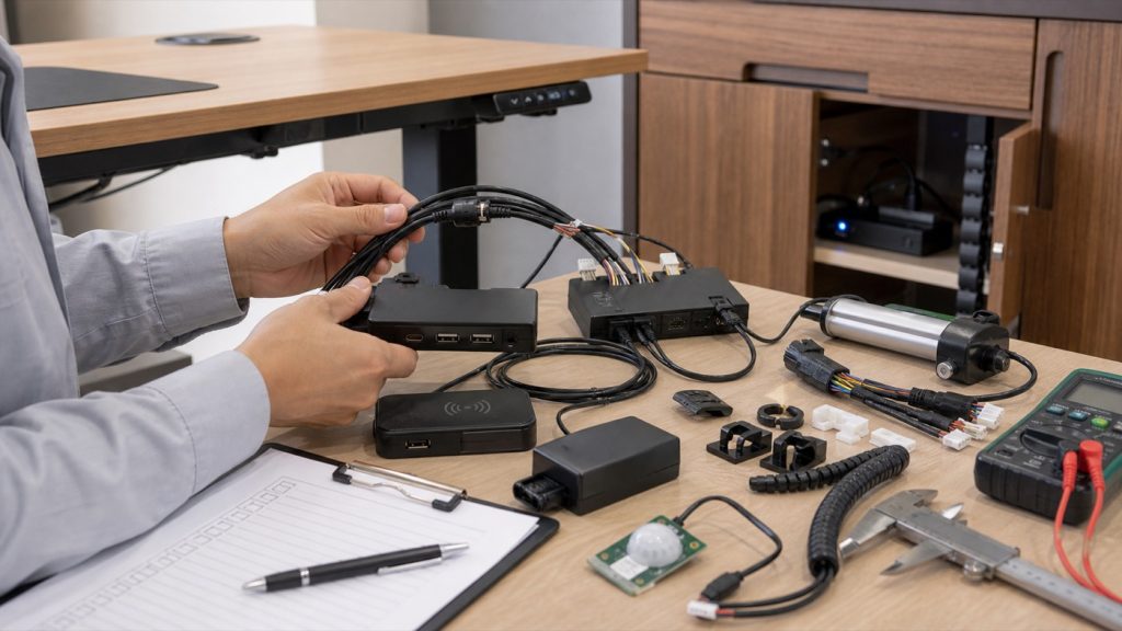 Smart furniture electronics components including USB-C power modules, wireless charging pad, control box, actuator motor, cable harnesses, strain relief clips, sensors, remote control, and test tools