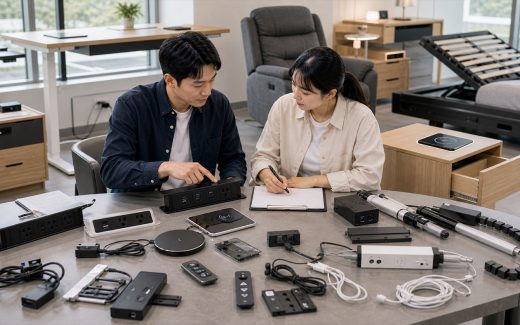 Furniture sourcing professionals reviewing smart furniture power modules, charging pads, control boxes, actuators, cable routing, remotes, and adjustable furniture prototypes in a showroom