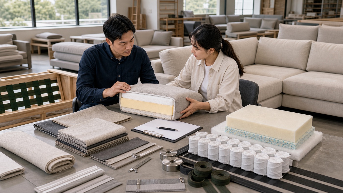 Furniture sourcing professionals reviewing a sofa cushion cutaway, foam layers, pocket springs, webbing, and upholstery fabrics in a sofa sample room
