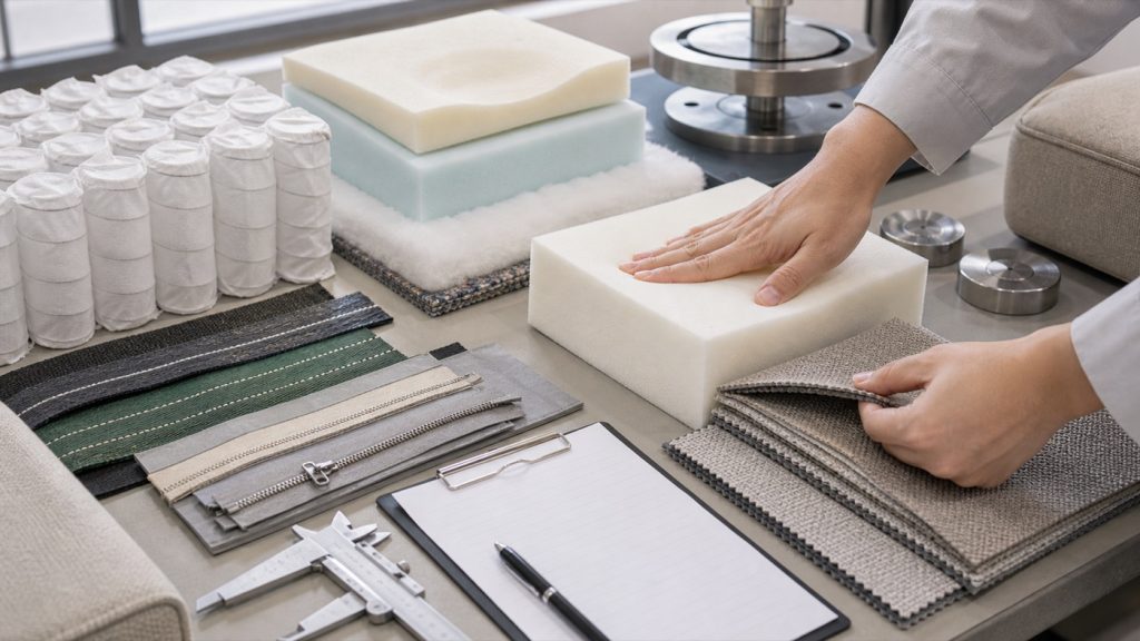 Sofa cushion material samples including high-resilience foam, pocket springs, fiber wrap, fabric swatches, zipper parts, calipers, and blank lab notes