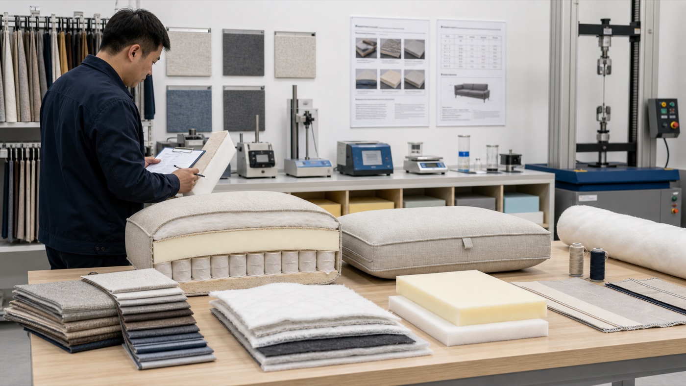 Upholstered sofa cushion samples, fabric swatches, foam, and lab equipment in a furniture testing room
