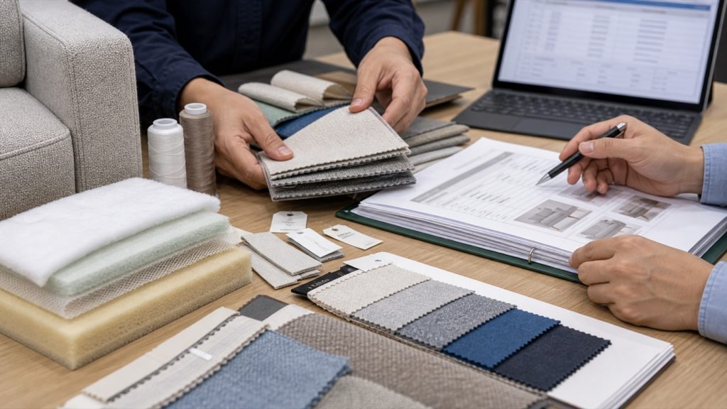 Upholstery fabric, foam, label samples, and compliance documents being reviewed
