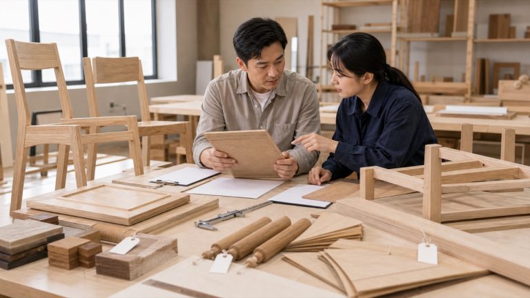 Furniture sourcing team reviewing solid wood chair frames and wood components in a factory sample room