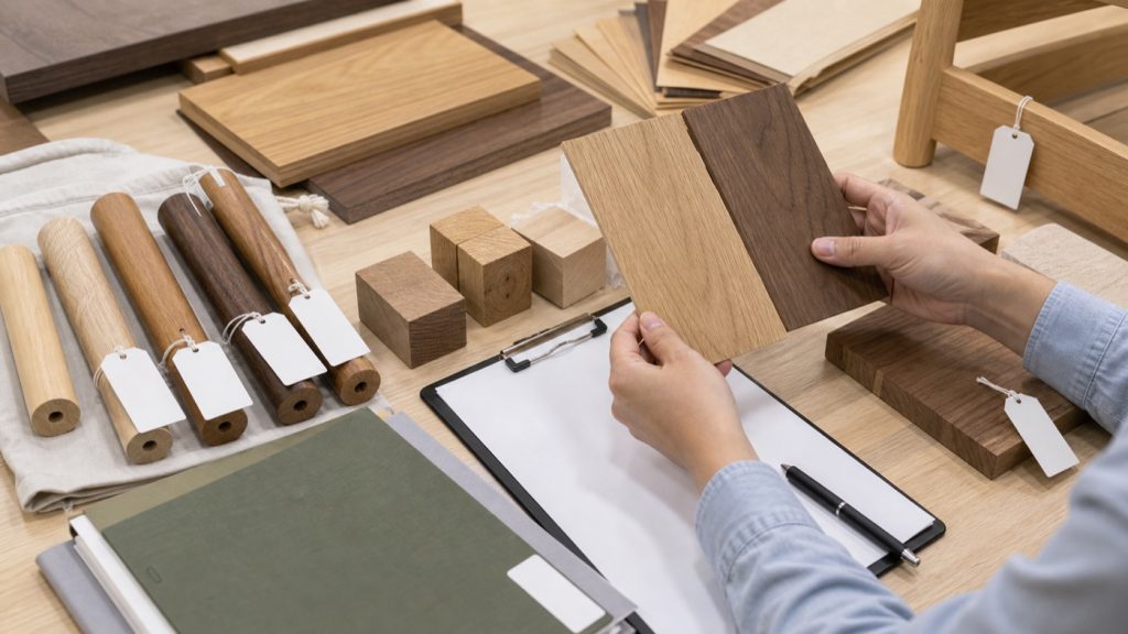 Wood species samples, veneer sheets, chair-leg components, and blank traceability tags being reviewed on a sourcing table