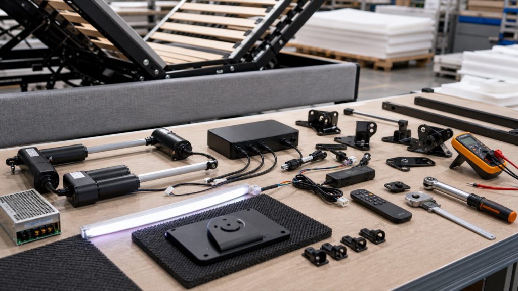 Adjustable bed base actuator and control quality-control bench with linear actuators, lift motors, control box, wireless remote, power supply, cable harnesses, hinge brackets, under-bed LED strip, testing tools, and bed-base parts