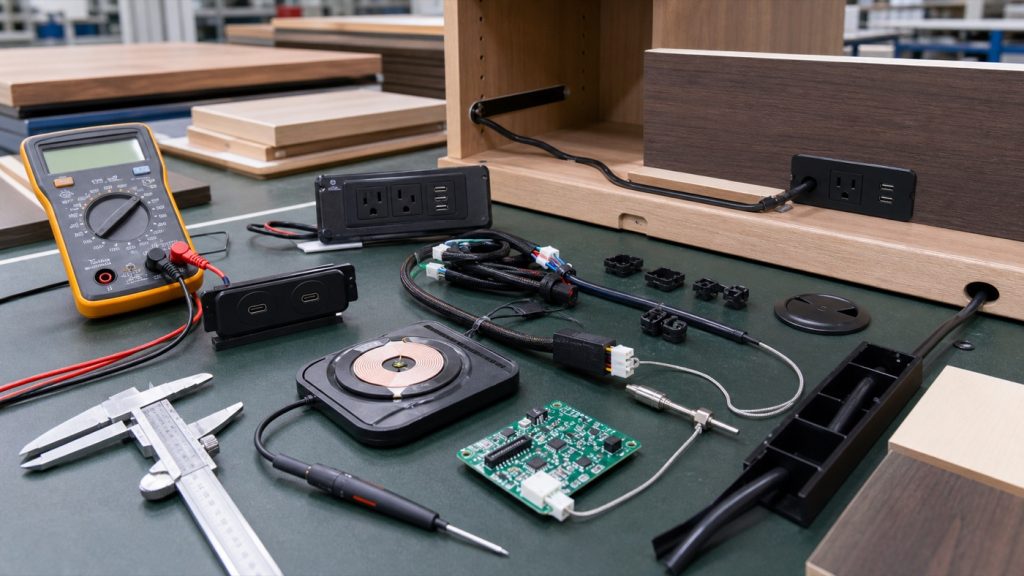 Furniture power module quality-control bench with USB-C ports, AC outlet module, wireless charging coil, cable harnesses, strain relief clips, thermal probe, multimeter, and wood panel samples