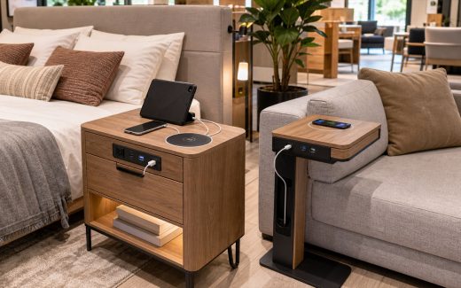Smart charging furniture showroom with a bedside table and sofa side table integrating USB-C ports, wireless charging pads, cable management, and charging devices