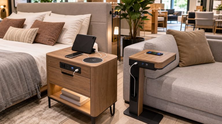 Smart charging furniture showroom with a bedside table and sofa side table integrating USB-C ports, wireless charging pads, cable management, and charging devices