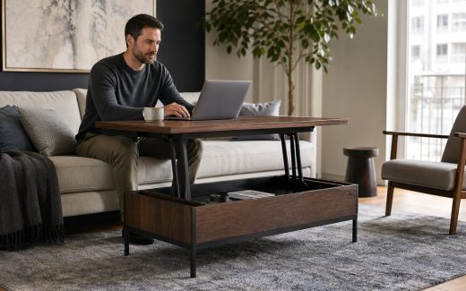Walnut motorized lift-top coffee table raised to work height in a contemporary living room with a laptop and seated user