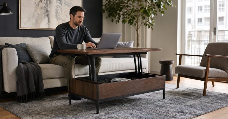 Walnut motorized lift-top coffee table raised to work height in a contemporary living room with a laptop and seated user