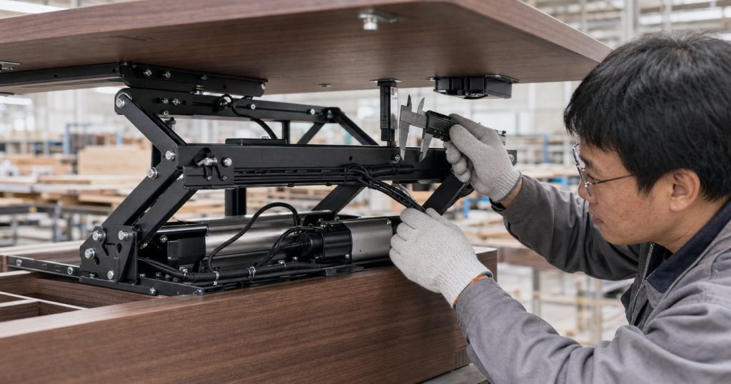 Factory technician measuring the scissor linkage, actuator, cable harness, and fastening points under a motorized lift-top coffee table