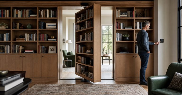 Motorized rotating oak bookcase storage wall partially pivoted open in a contemporary home library with a person operating a wall control