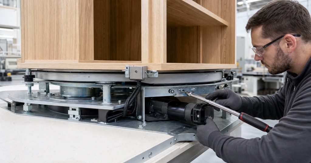 Factory technician inspecting the floor pivot, geared motor, locking hardware, cable harness, and fasteners beneath a motorized rotating oak bookcase