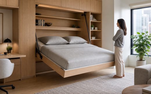 Warm white-oak compact apartment with a motorized wall bed lowering from built-in cabinetry beside a home-office desk