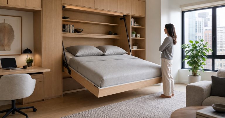 Warm white-oak compact apartment with a motorized wall bed lowering from built-in cabinetry beside a home-office desk