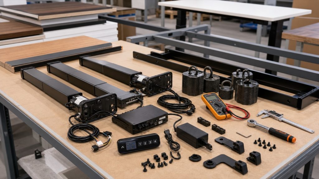 Sit-stand desk lift-column and control quality-control bench with telescoping columns, control box, height keypad, anti-collision sensor, cable harnesses, power adapter, frame parts, load weights, and testing tools