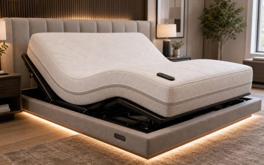 Smart adjustable bed base in a modern bedroom showroom with raised head and leg sections, upholstered frame, visible mechanism, under-bed lighting, and wireless remote