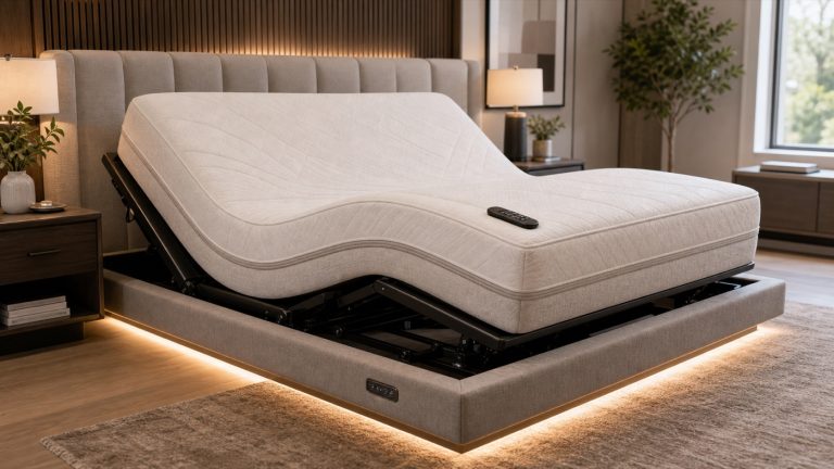 Smart adjustable bed base in a modern bedroom showroom with raised head and leg sections, upholstered frame, visible mechanism, under-bed lighting, and wireless remote