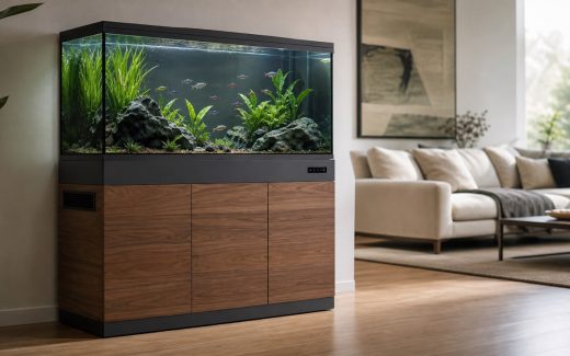 Smart aquarium cabinet with a planted freshwater display, walnut furniture base, ventilation grille, and subtle controls in a contemporary living room