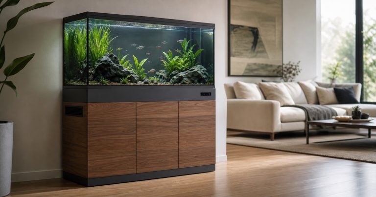 Smart aquarium cabinet in a contemporary living room