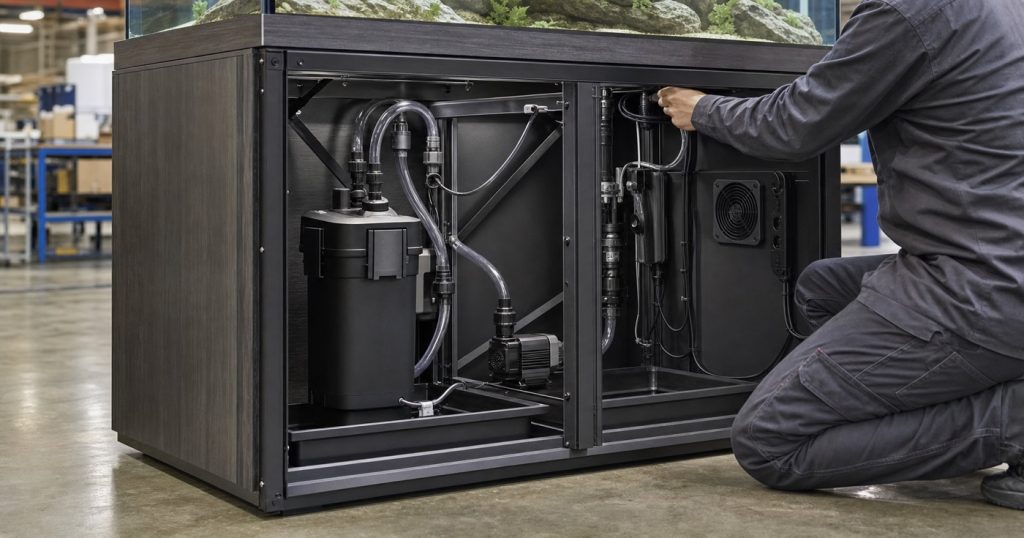 Factory technician inspecting an aquarium cabinet service bay