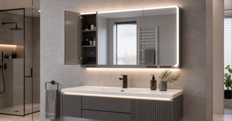 Smart bathroom mirror cabinet and floating bathroom vanity in a modern bathroom showroom with LED mirror lighting, open storage, outlet and USB module, touch control, ventilation slots, sink, faucet, and wet-room installation details