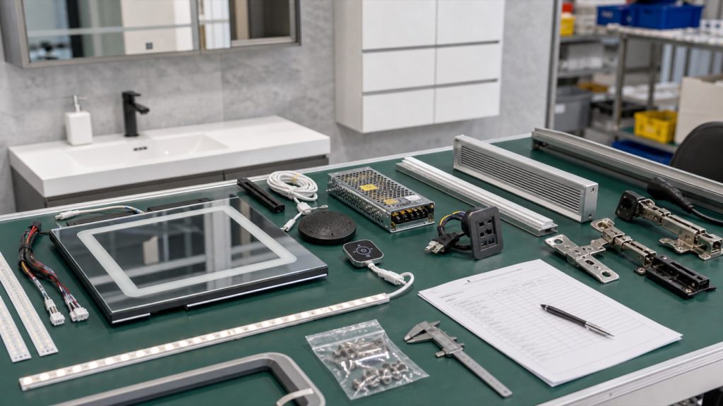 Smart bathroom mirror cabinet components on a quality-control bench including LED strips, demister film, touch sensor module, Bluetooth speaker module, low-voltage power supply, outlet and USB module, cable harnesses, gaskets, ventilation grille, hinge samples, and inspection tools