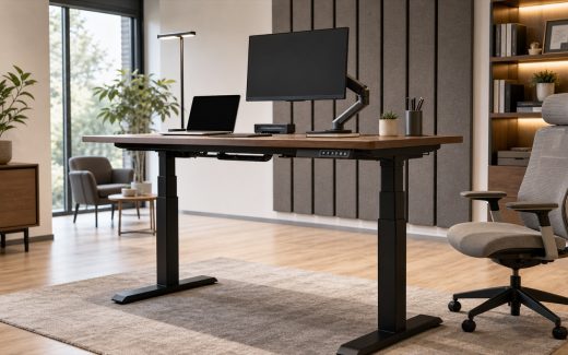 Smart height-adjustable desk in a modern home office showroom with dual lift columns, control keypad, cable tray, monitor arm, laptop, and organized cable management