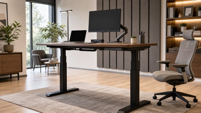 Smart height-adjustable desk in a modern home office showroom with dual lift columns, control keypad, cable tray, monitor arm, laptop, and organized cable management