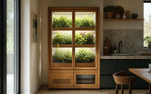 Smart indoor garden cabinet with oak frame, clear doors, tiered herb shelves, integrated lighting, water reservoir, and ventilation in a contemporary kitchen