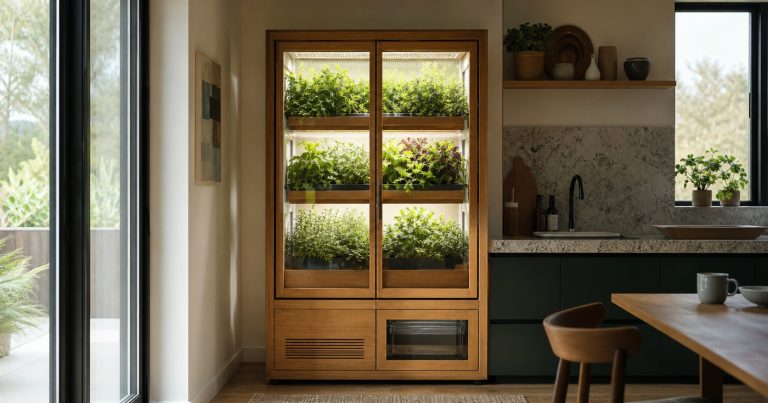 Smart indoor garden cabinet with oak frame, clear doors, tiered herb shelves, integrated lighting, water reservoir, and ventilation in a contemporary kitchen