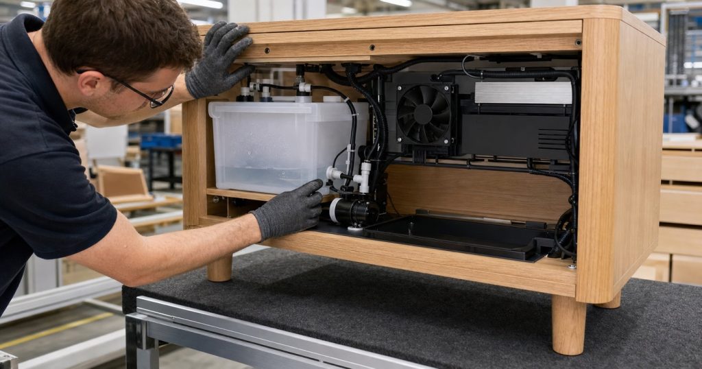 Factory technician inspecting water reservoir, irrigation pump, drain tray, ventilation fan, LED driver, sensor cables, and protected wiring inside a smart indoor garden cabinet