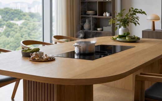 Contemporary light oak dining table in a modern apartment with a flush black ceramic-glass induction cooking zone, a stainless steel pot, natural daylight, and dining chairs