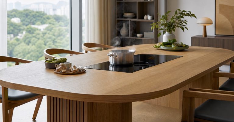 Contemporary light oak dining table in a modern apartment with a flush black ceramic-glass induction cooking zone, a stainless steel pot, natural daylight, and dining chairs