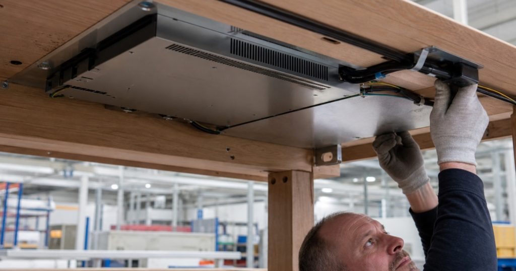 Underside of a wood dining table in a factory with an integrated induction module, metal heat shield, ventilation channels, protected cable harness, power inlet, and technician inspecting the assembly