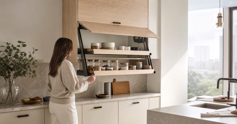 Contemporary light-oak and warm-white kitchen with a motorized lift-down wall cabinet lowered to bring shelves of plates and pantry jars within reach